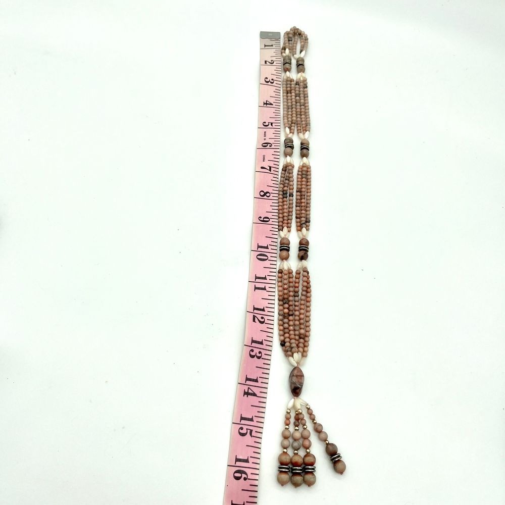 Multi-Strand Peach Pink‎ Moonstone Beaded Necklace with Tassel Pendant - Picture 4 of 4